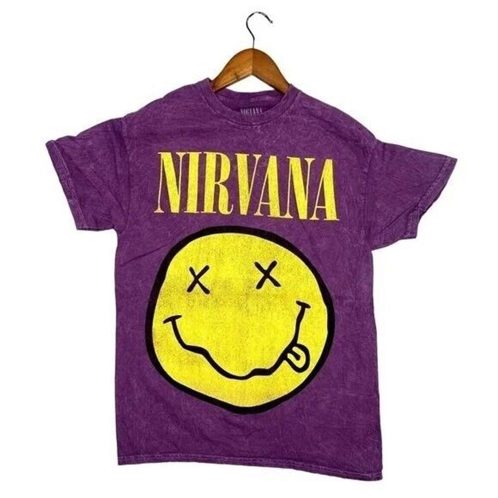 Nirvana Vintage Style Smile Back Short Sleeve Unisex T Shirt Crew Neck M Purple
